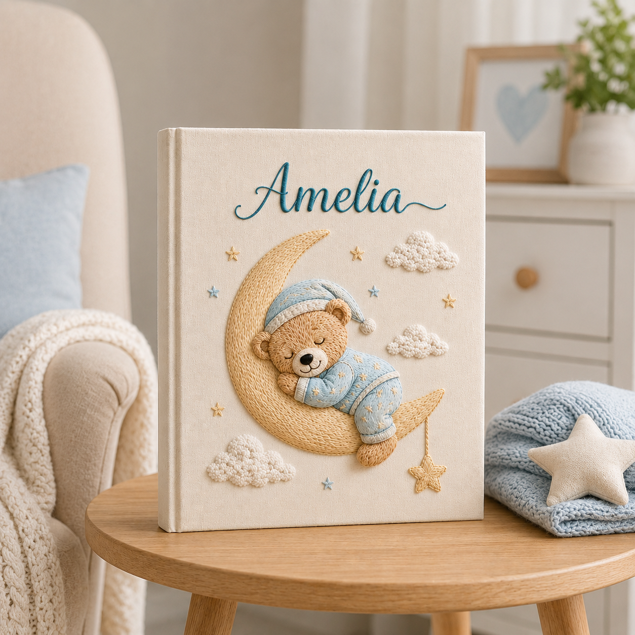 Personalized Sleeping Bear Baby Photo Album, Custom Hand Embroidered Moon Star Keepsake Album with Sleeves, Baby Memory Book EPLB16