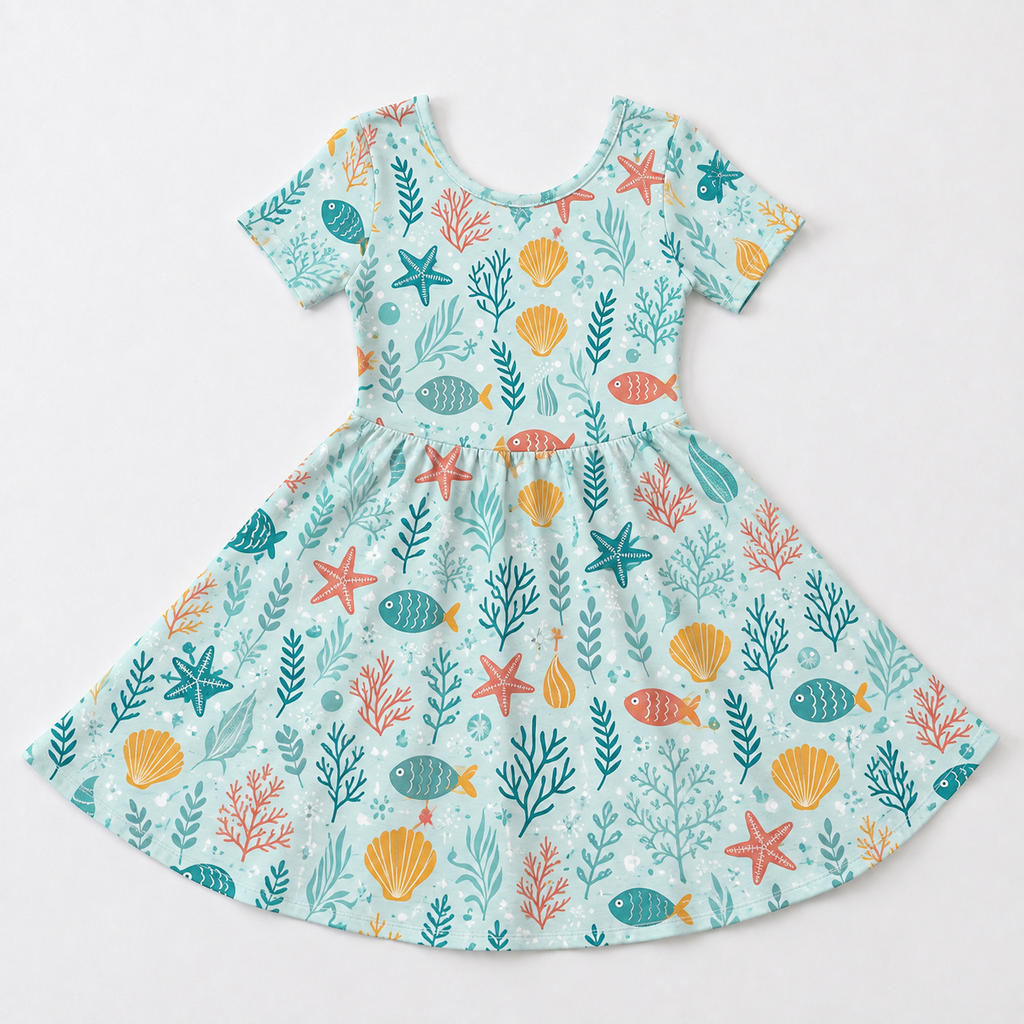 Under the Sea Bamboo Twirl Dress for Girls – Fish, Coral & Seashell Dress