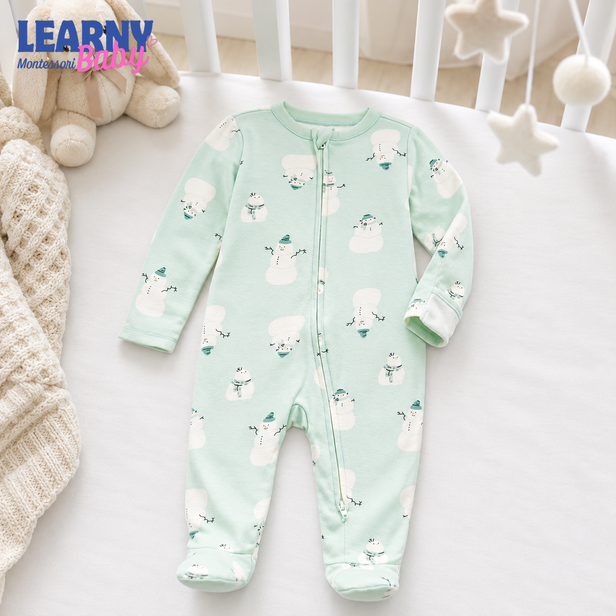 Mint Snowman Bamboo Baby Zippy Footie – Winter Zip Pajamas