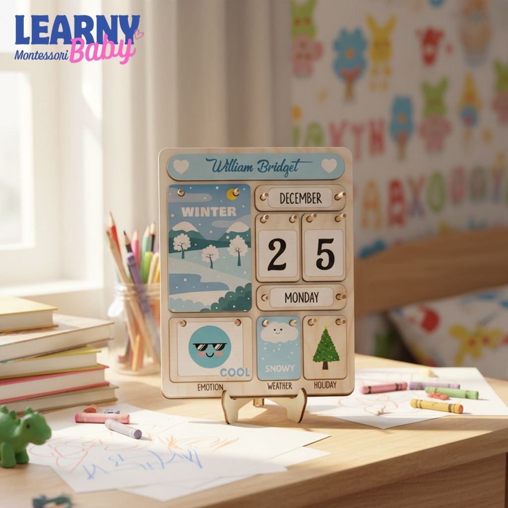 Montessori Wooden Perpetual Calendar for Kids, Learning Days Months Weather Board, Preschool Time Teaching Toy, Educational Classroom Decor