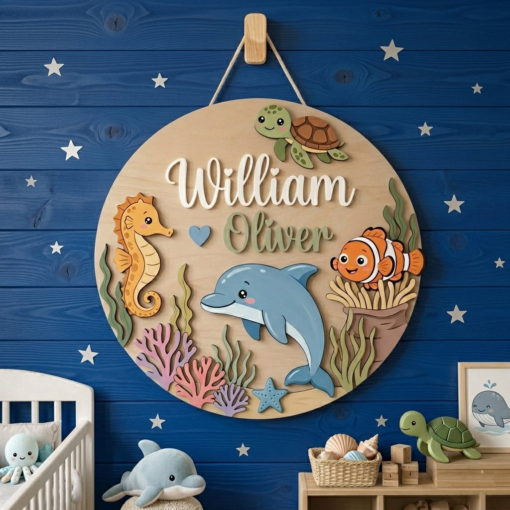 Personalized Wooden Ocean Name Sign, Custom Nursery Wall Decor, Sea Animals Baby Shower Gift