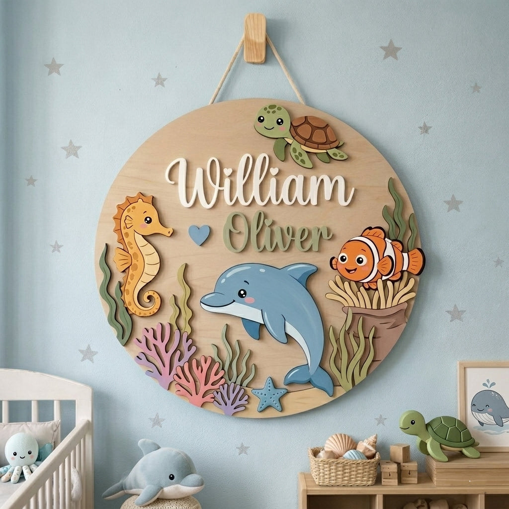 Personalized Wooden Ocean Name Sign, Custom Nursery Wall Decor, Sea Animals Baby Shower Gift
