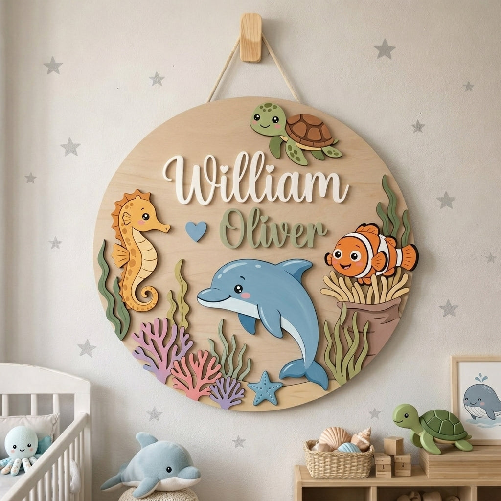 Personalized Wooden Ocean Name Sign, Custom Nursery Wall Decor, Sea Animals Baby Shower Gift
