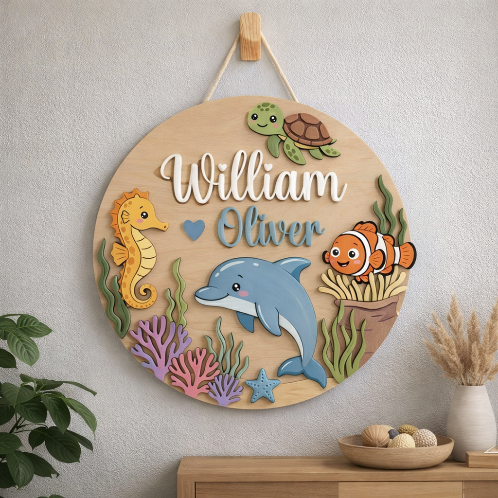 Personalized Wooden Ocean Name Sign, Custom Nursery Wall Decor, Sea Animals Baby Shower Gift