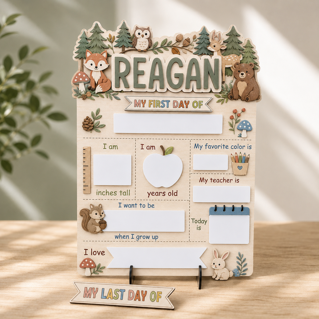 Custom Animal First Day of School Sign, Personalized Forest Animal School Board, Reusable Dry Erase Back to School Sign