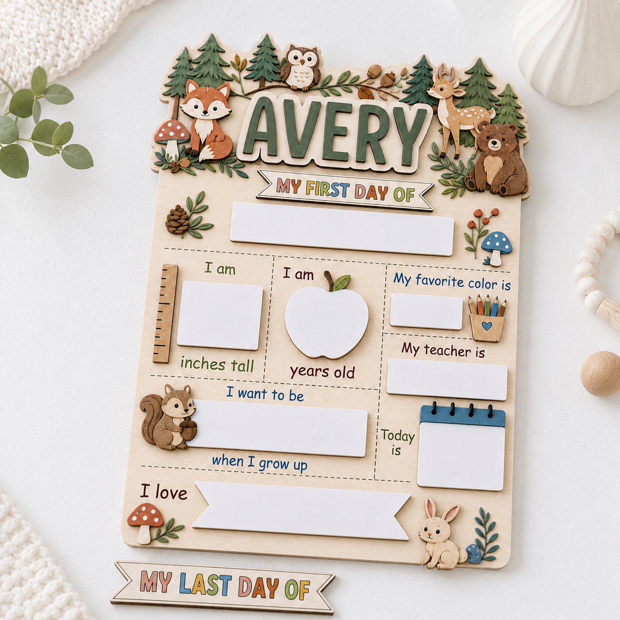 Custom Animal First Day of School Sign, Personalized Forest Animal School Board, Reusable Dry Erase Back to School Sign