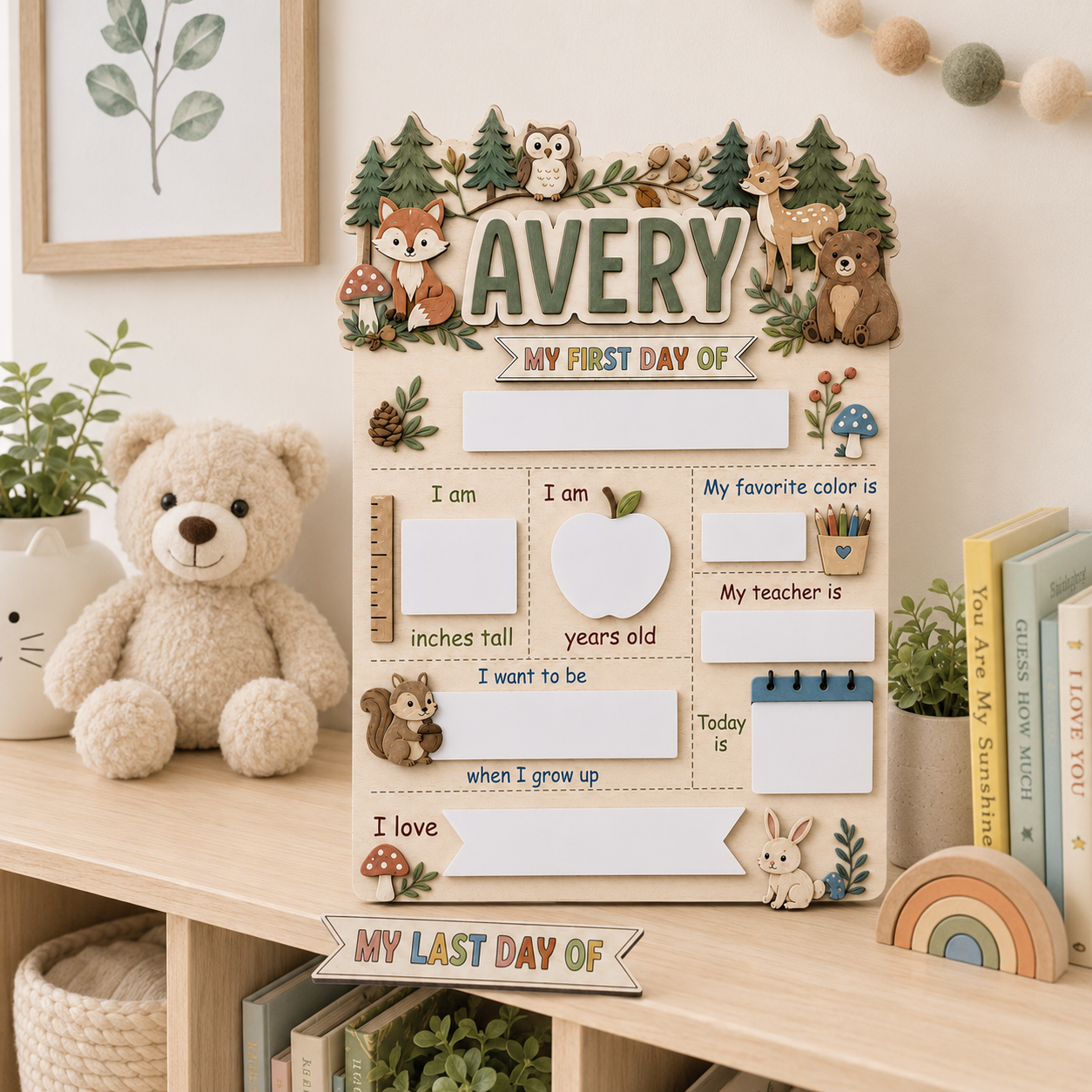 Custom Animal First Day of School Sign, Personalized Forest Animal School Board, Reusable Dry Erase Back to School Sign