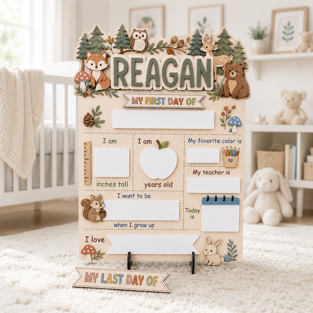 Custom Animal First Day of School Sign, Personalized Forest Animal School Board, Reusable Dry Erase Back to School Sign