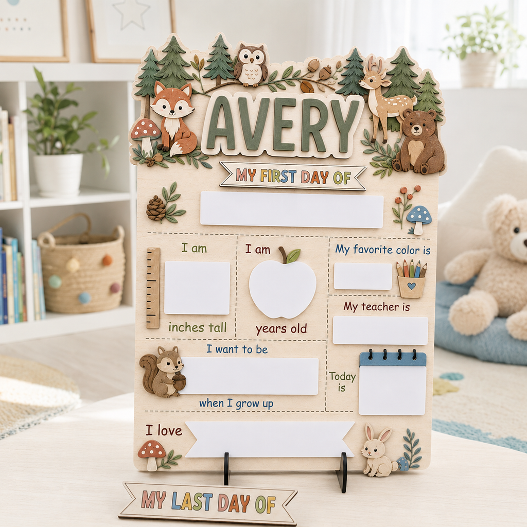 Custom Animal First Day of School Sign, Personalized Forest Animal School Board, Reusable Dry Erase Back to School Sign