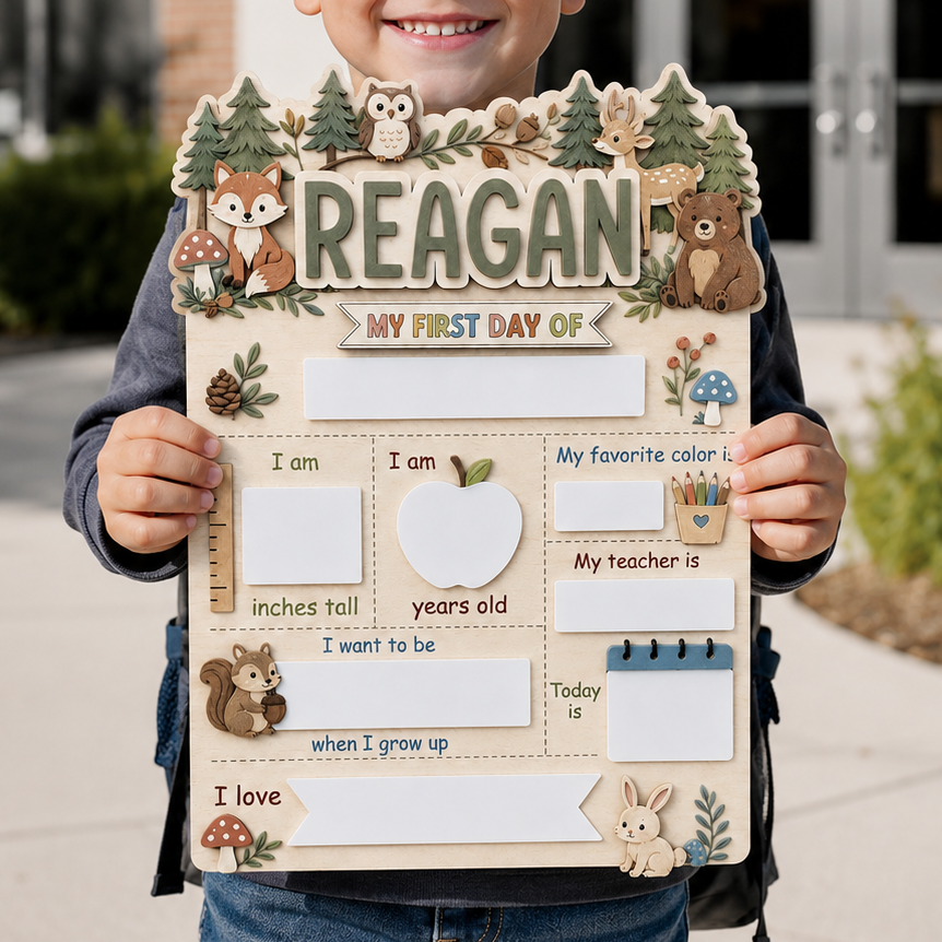 Custom Animal First Day of School Sign, Personalized Forest Animal School Board, Reusable Dry Erase Back to School Sign