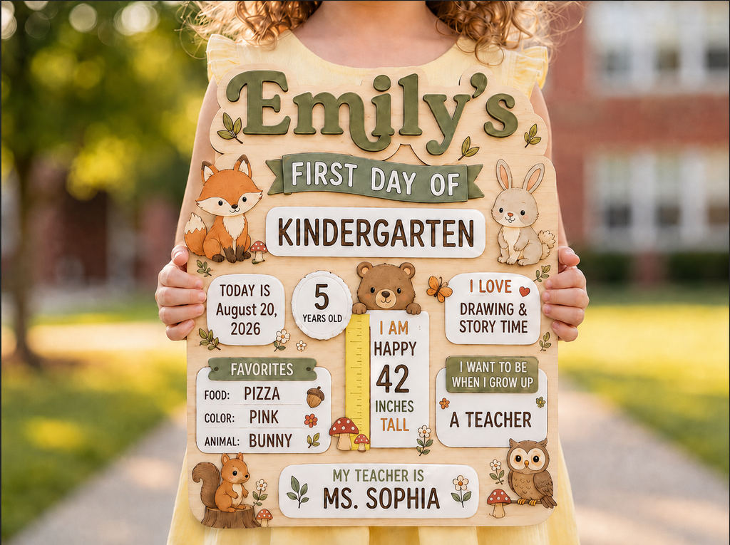 Personalized Woodland First Day of School Board, Custom Name Kindergarten Sign, Fox Bunny Bear Back to School Photo Prop