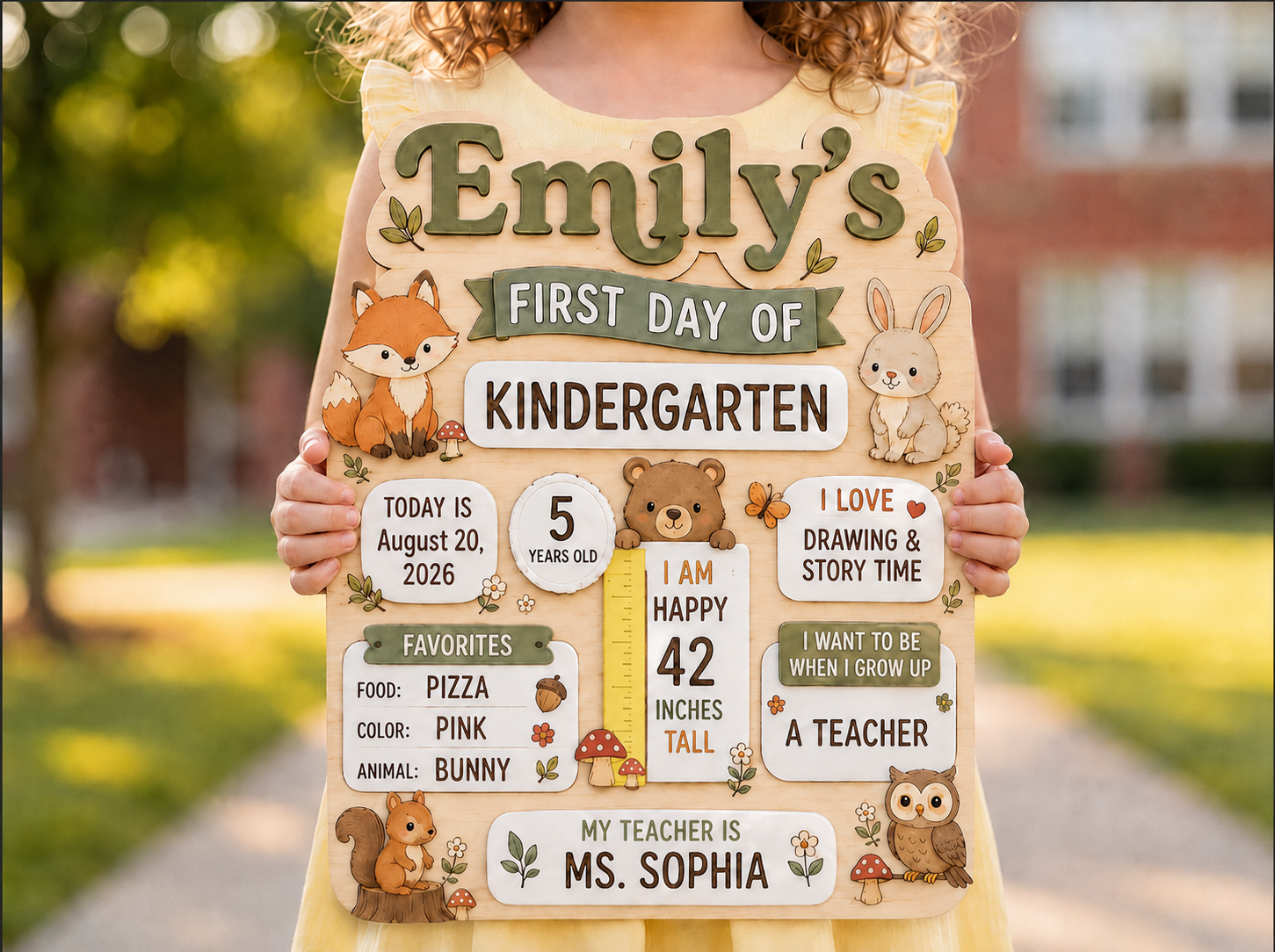Personalized Woodland First Day of School Board, Custom Name Kindergarten Sign, Fox Bunny Bear Back to School Photo Prop