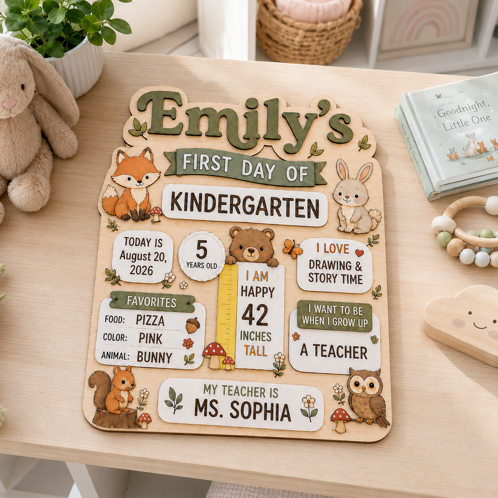 Personalized Woodland First Day of School Board, Custom Name Kindergarten Sign, Fox Bunny Bear Back to School Photo Prop