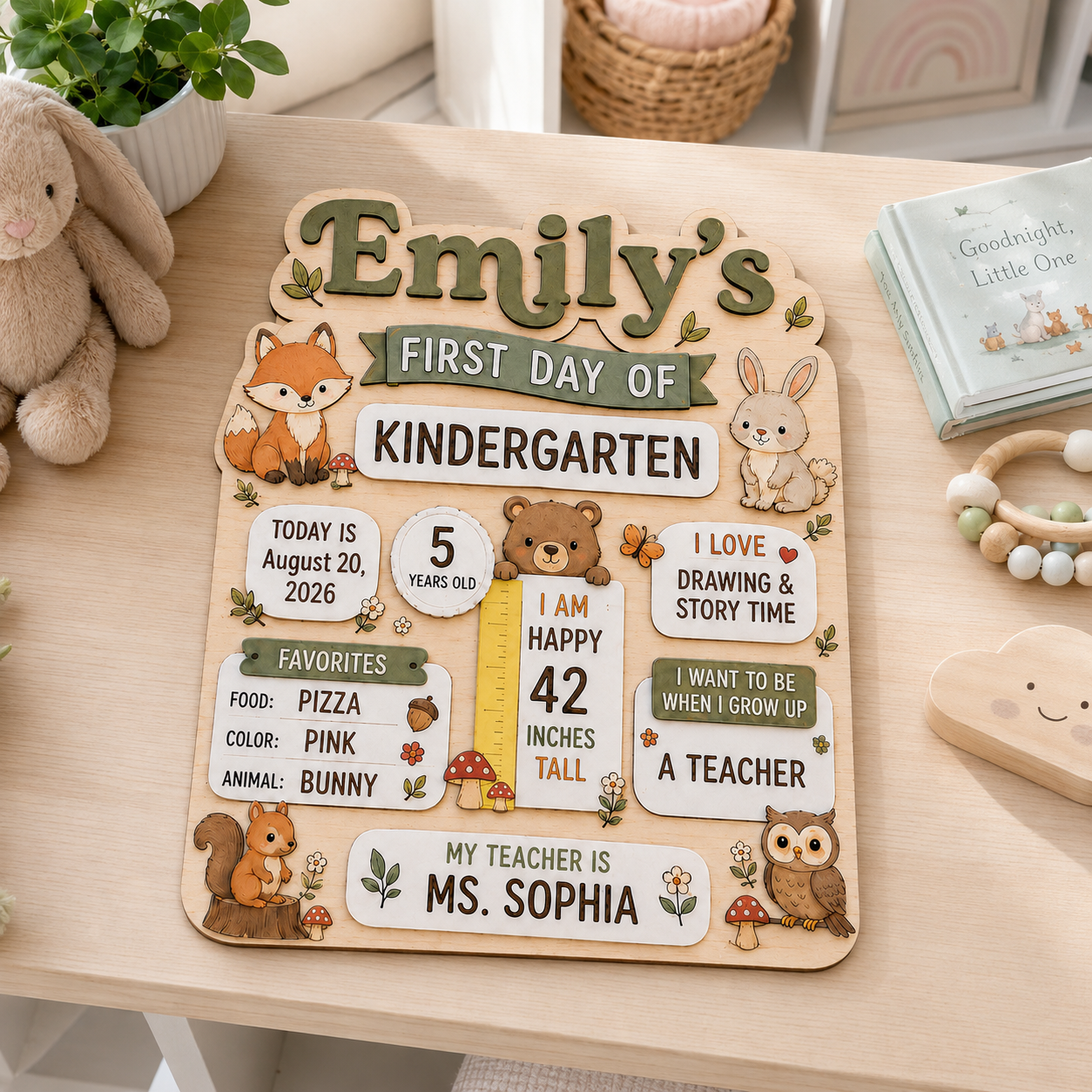 Personalized Woodland First Day of School Board, Custom Name Kindergarten Sign, Fox Bunny Bear Back to School Photo Prop