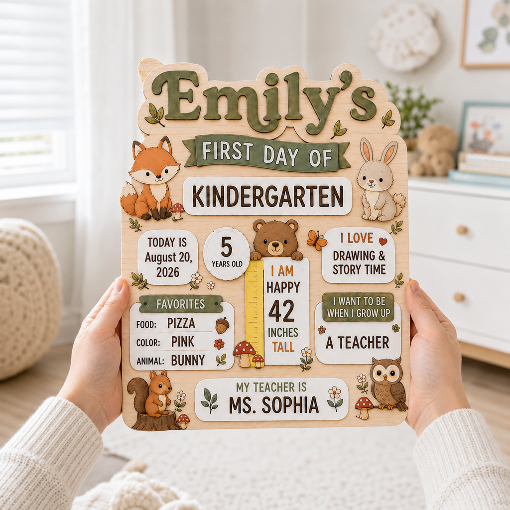 Personalized Woodland First Day of School Board, Custom Name Kindergarten Sign, Fox Bunny Bear Back to School Photo Prop
