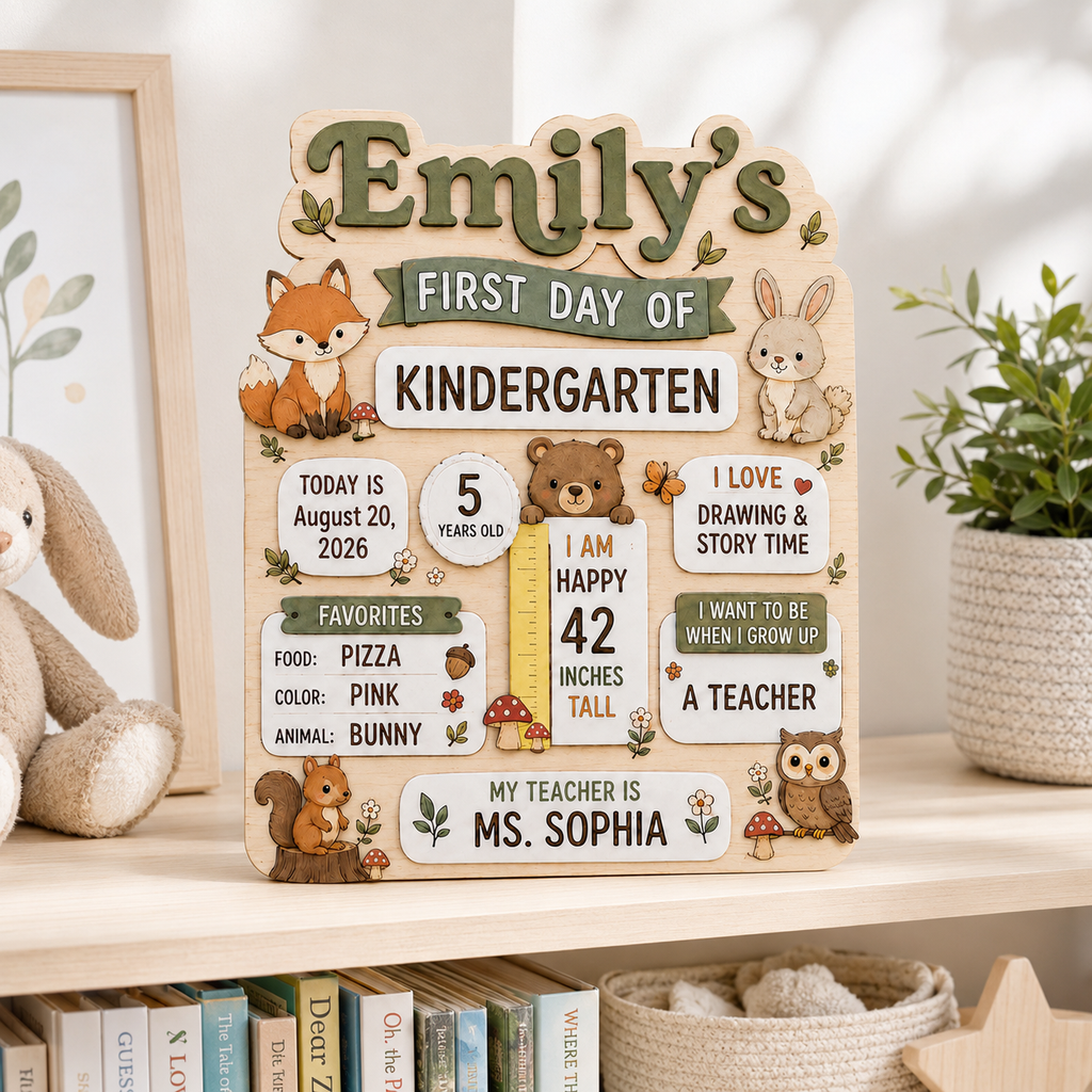 Personalized Woodland First Day of School Board, Custom Name Kindergarten Sign, Fox Bunny Bear Back to School Photo Prop