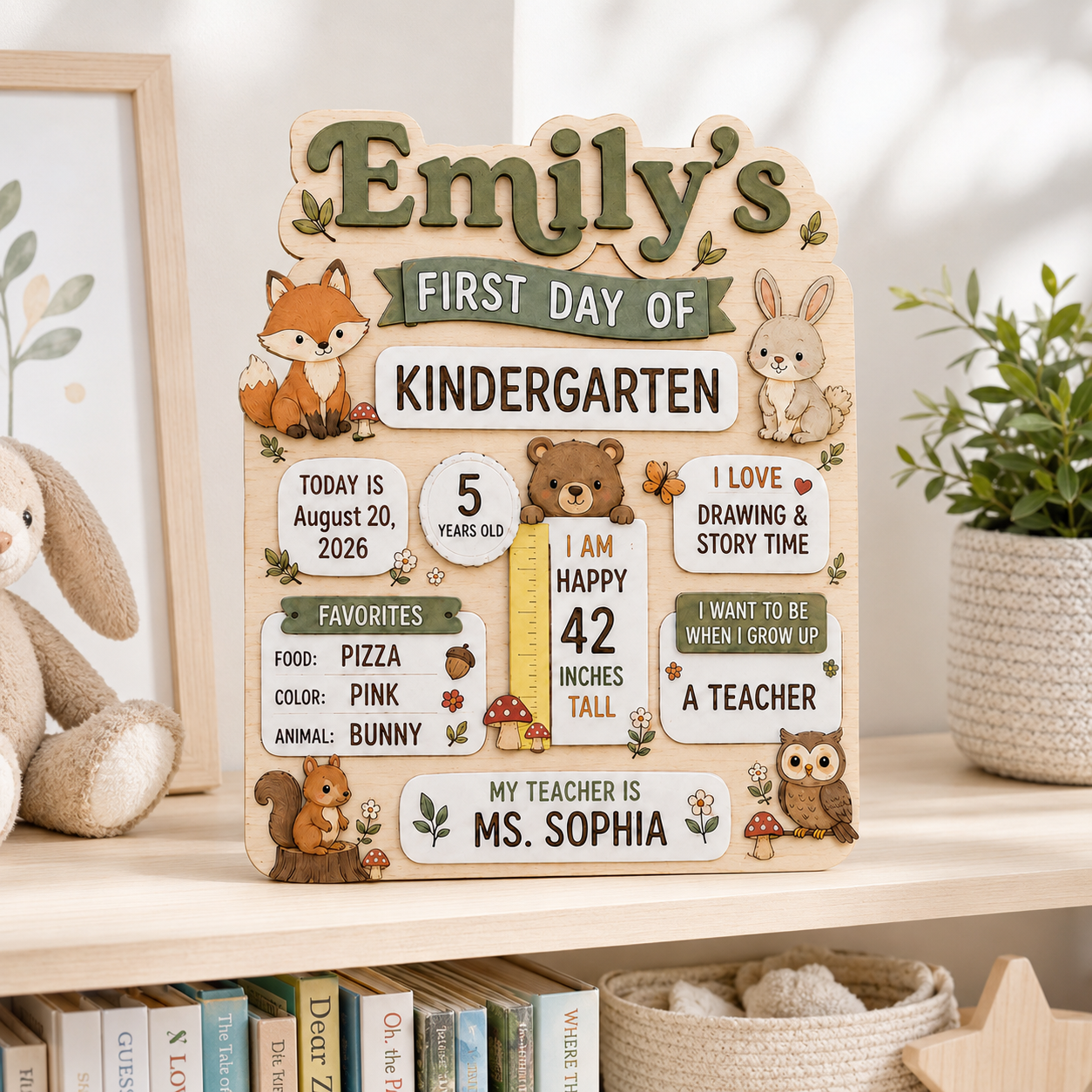 Personalized Woodland First Day of School Board, Custom Name Kindergarten Sign, Fox Bunny Bear Back to School Photo Prop