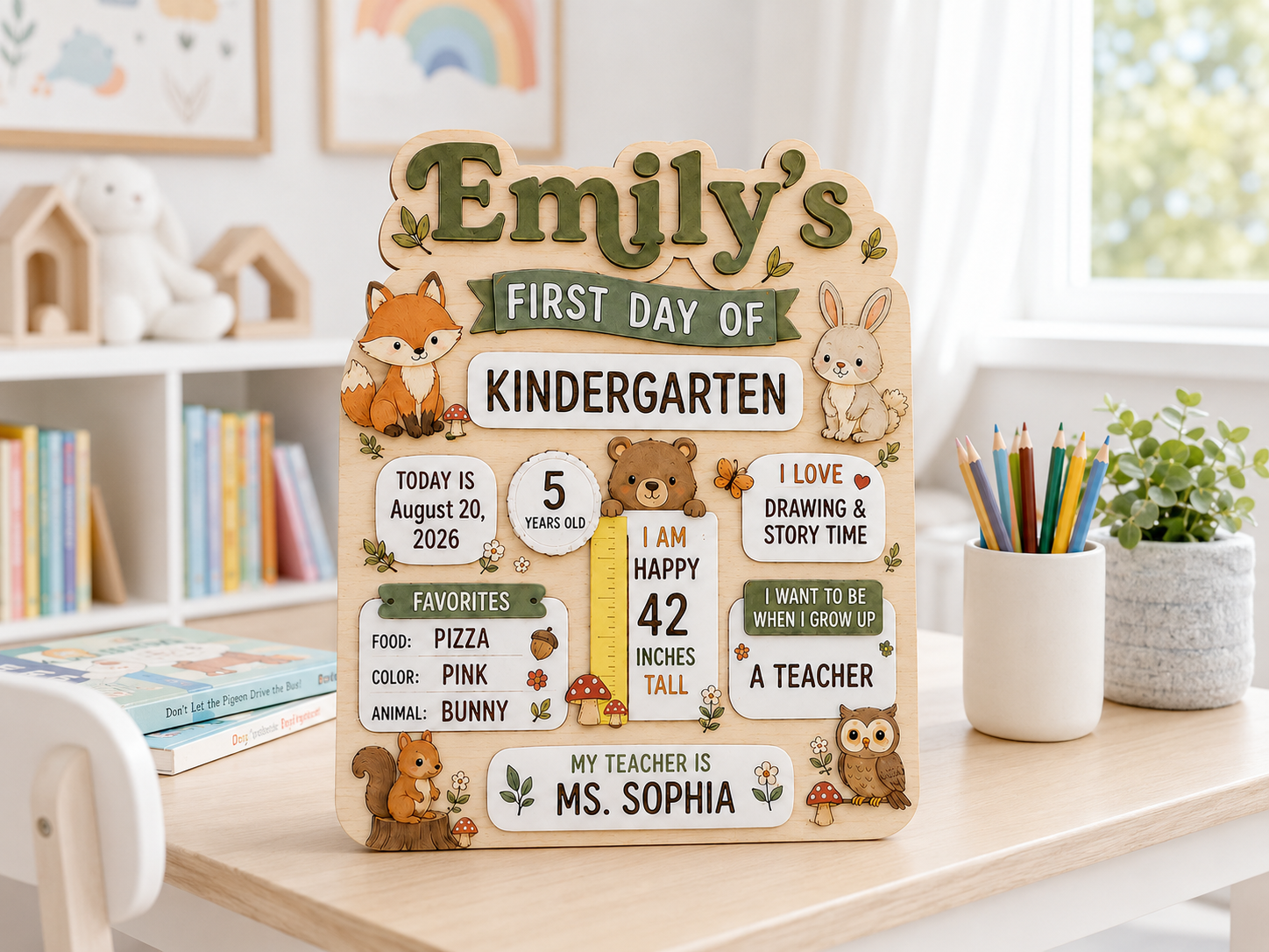 Personalized Woodland First Day of School Board, Custom Name Kindergarten Sign, Fox Bunny Bear Back to School Photo Prop