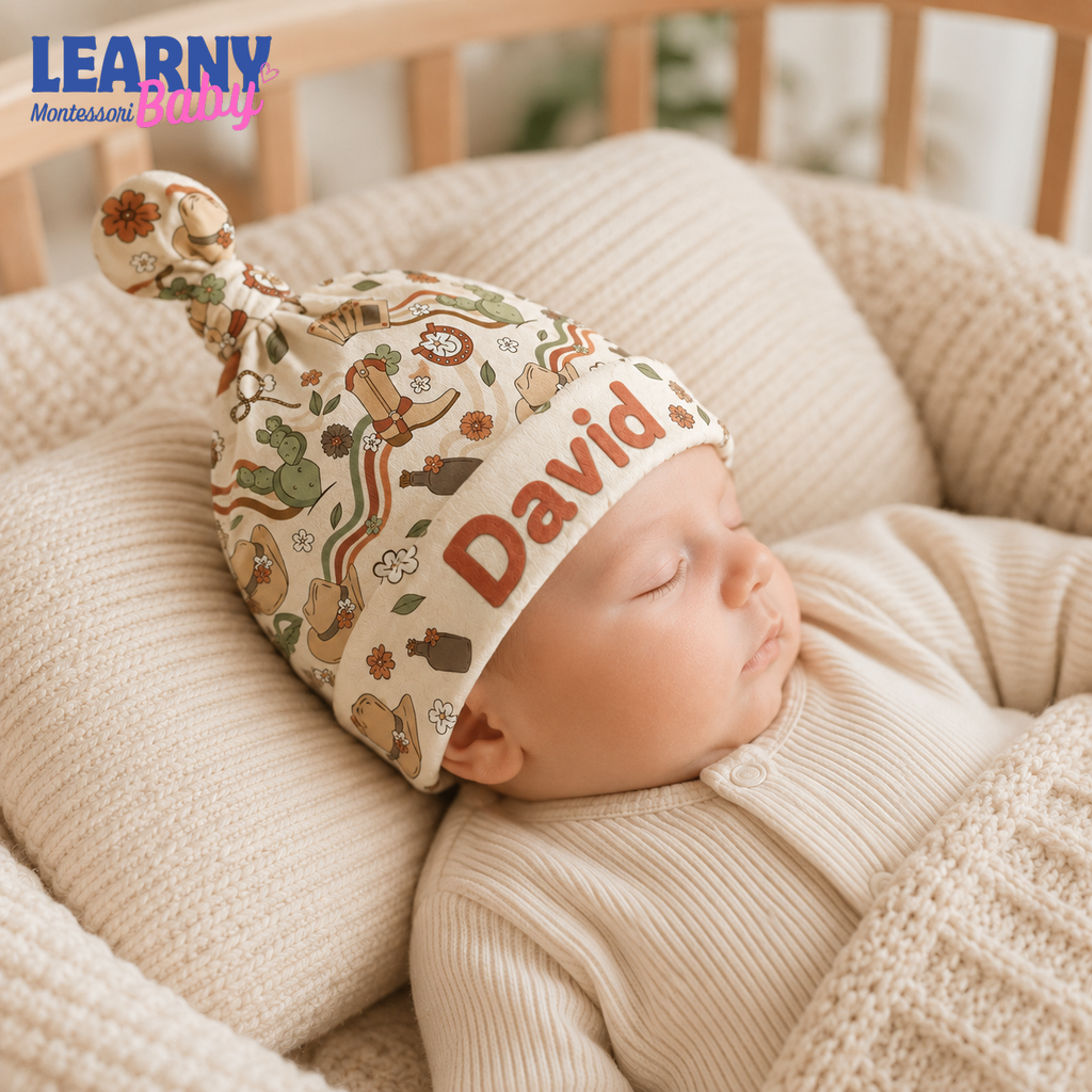 Personalized Western Bamboo Baby Knotted Hat, Custom Name Cowboy Newborn Beanie, Boho Baby Coming Home Hat