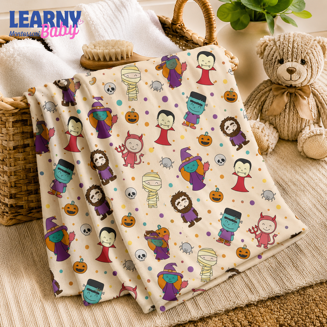 Cute Halloween Monsters Bamboo Baby Blanket, Witch Vampire Mummy Print, Spooky Nursery Throw for Kids