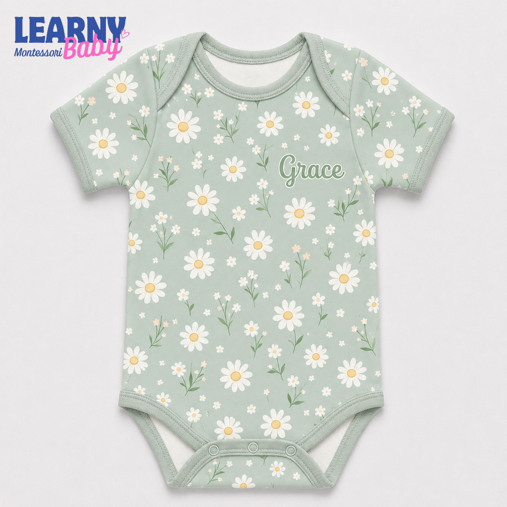 Bamboo Baby Bodysuit, Personalized Daisy Floral Baby Onesie, Soft Bamboo Viscose Infant Bodysuit