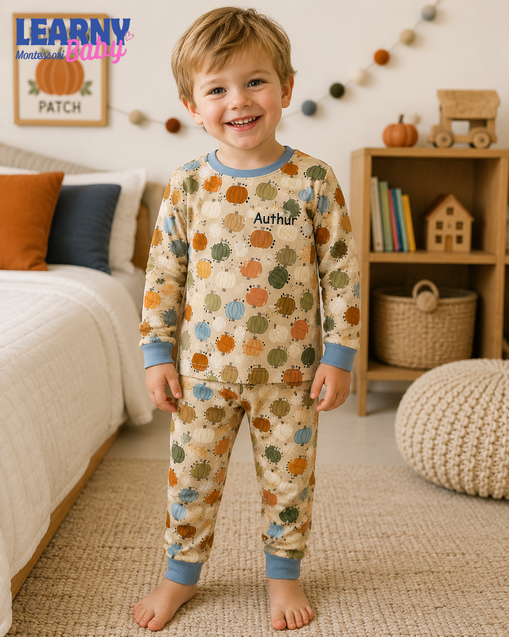 Personalized Pastel Pumpkin Bamboo Pajamas for Kids, Custom Name Autumn Harvest Short Sleeve and Long Pants Set