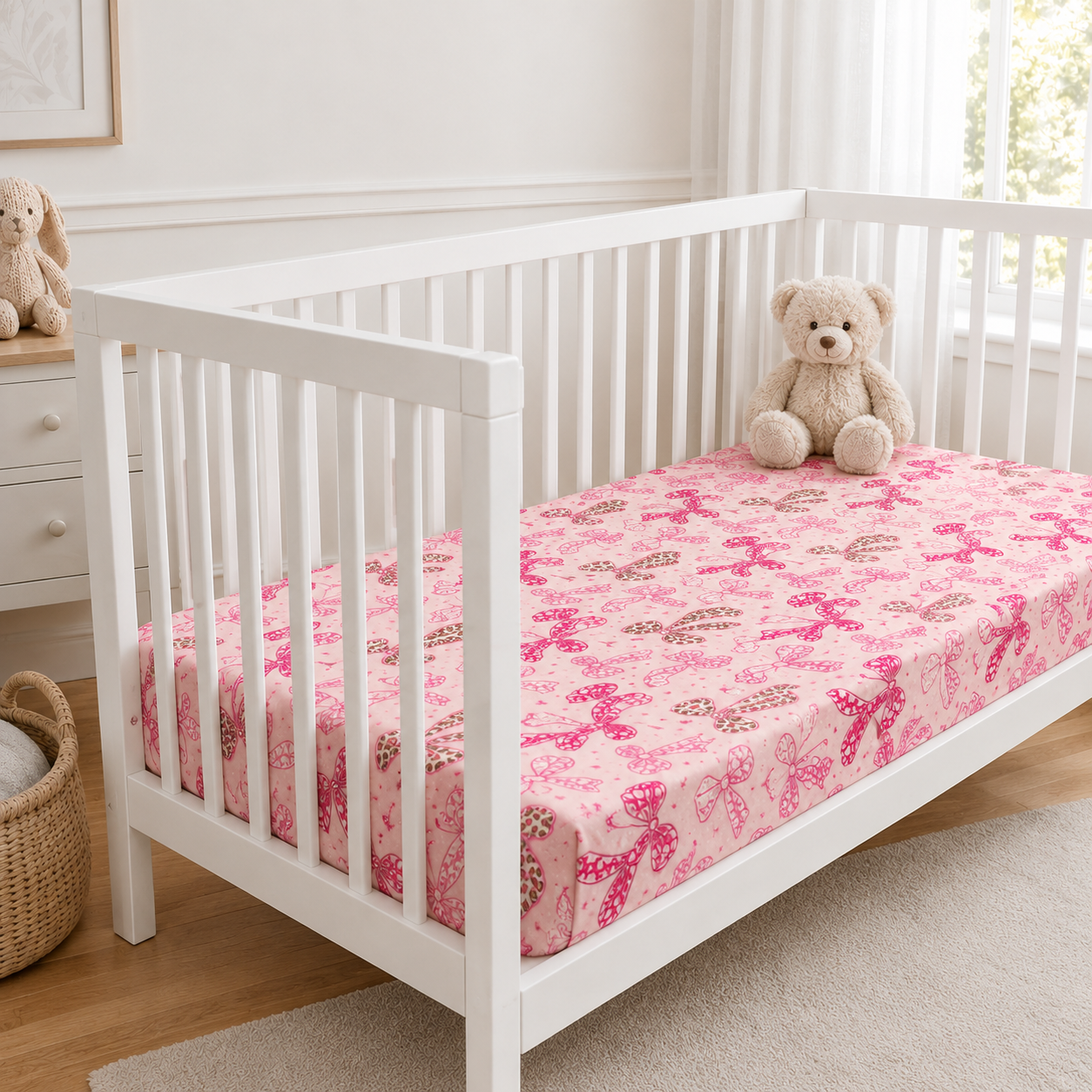 Pink Coquette Bow Bamboo Fitted Crib Sheet – Baby Girl Nursery Bedding