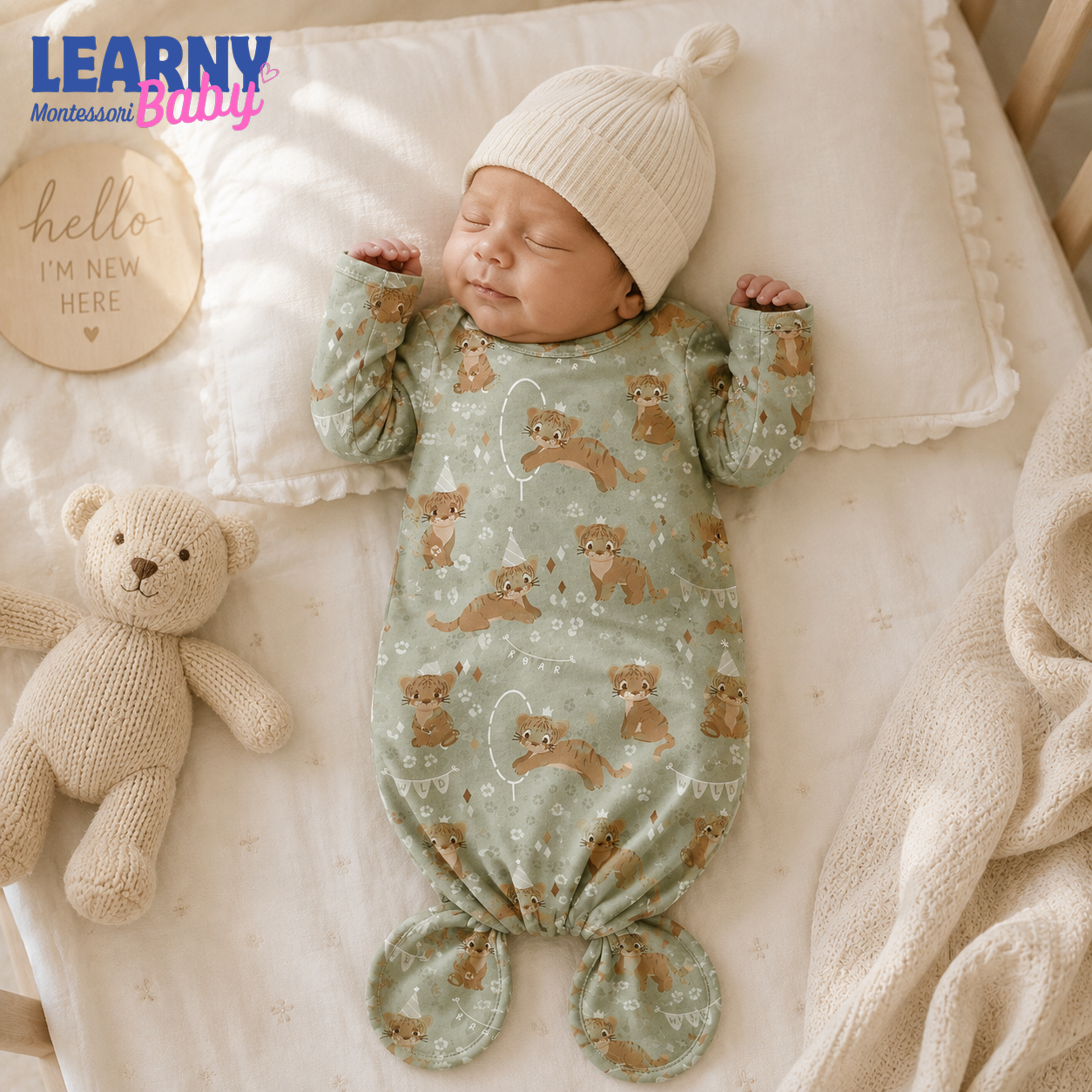 Newborn Baby Knotted Gown, Woodland Bear Bamboo Sleeper, Neutral Baby Coming Home Outfit
