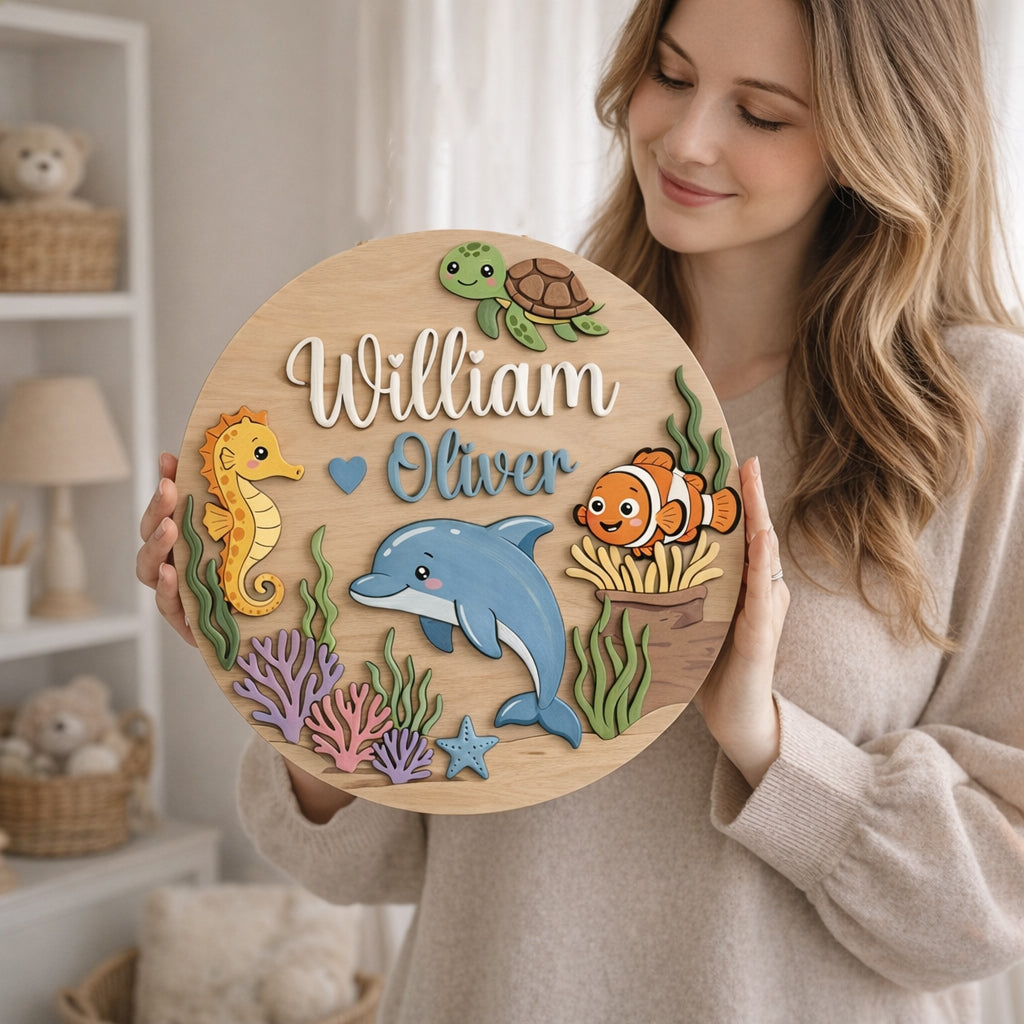 Personalized Wooden Ocean Name Sign, Custom Nursery Wall Decor, Sea Animals Baby Shower Gift