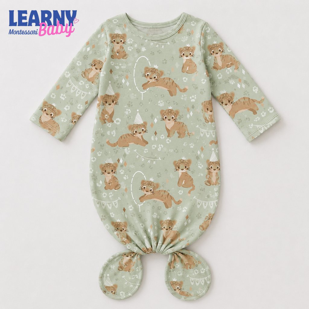Newborn Baby Knotted Gown, Woodland Bear Bamboo Sleeper, Neutral Baby Coming Home Outfit
