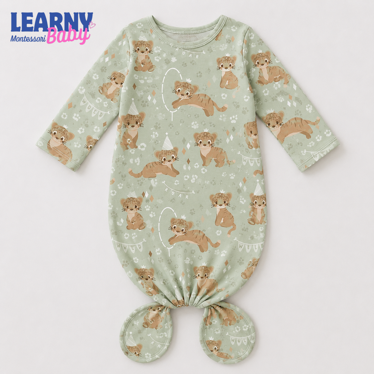 Newborn Baby Knotted Gown, Woodland Bear Bamboo Sleeper, Neutral Baby Coming Home Outfit