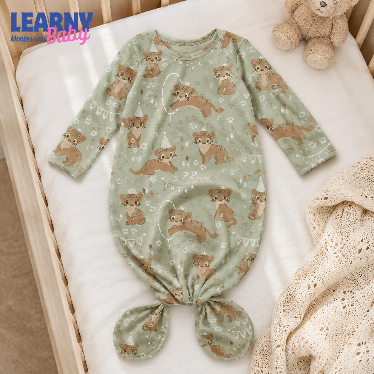 Newborn Baby Knotted Gown, Woodland Bear Bamboo Sleeper, Neutral Baby Coming Home Outfit