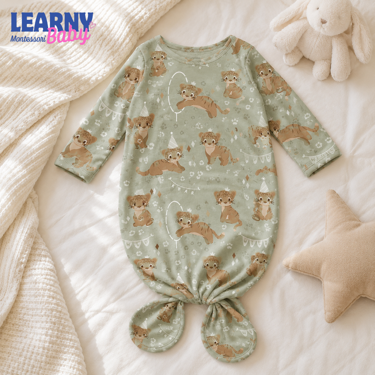 Newborn Baby Knotted Gown, Woodland Bear Bamboo Sleeper, Neutral Baby Coming Home Outfit