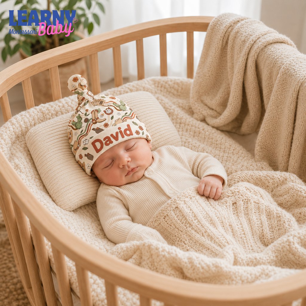 Personalized Western Bamboo Baby Knotted Hat, Custom Name Cowboy Newborn Beanie, Boho Baby Coming Home Hat