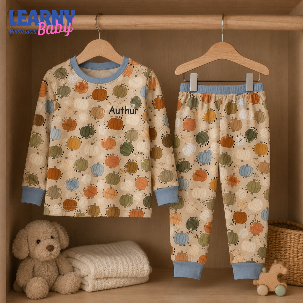 Personalized Pastel Pumpkin Bamboo Pajamas for Kids, Custom Name Autumn Harvest Short Sleeve and Long Pants Set