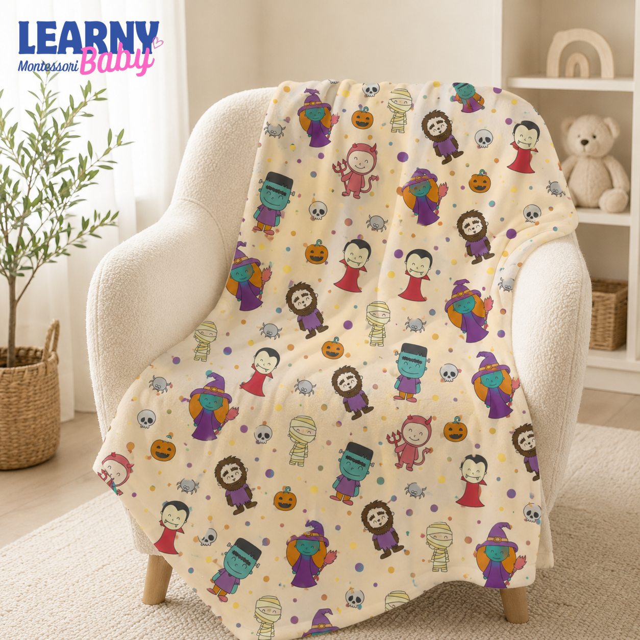 Cute Halloween Monsters Bamboo Baby Blanket, Witch Vampire Mummy Print, Spooky Nursery Throw for Kids