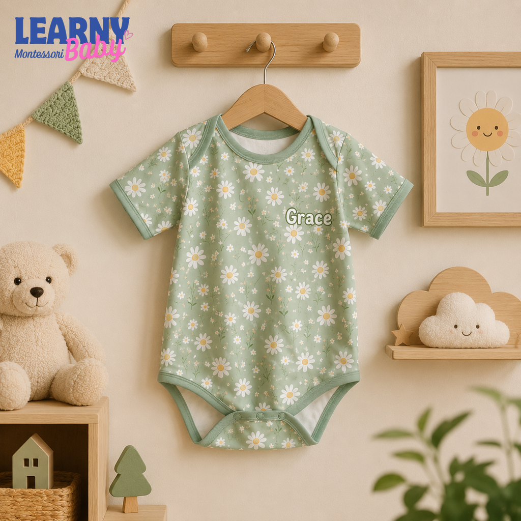 Bamboo Baby Bodysuit, Personalized Daisy Floral Baby Onesie, Soft Bamboo Viscose Infant Bodysuit
