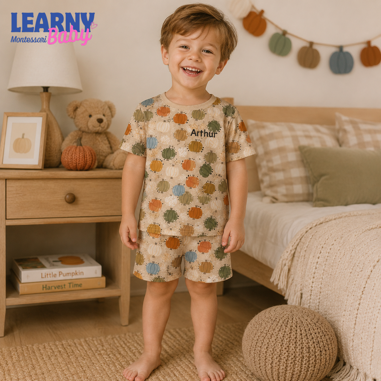 Personalized Pastel Pumpkin Bamboo Pajamas for Kids, Custom Name Autumn Harvest Short Sleeve and Long Pants Set