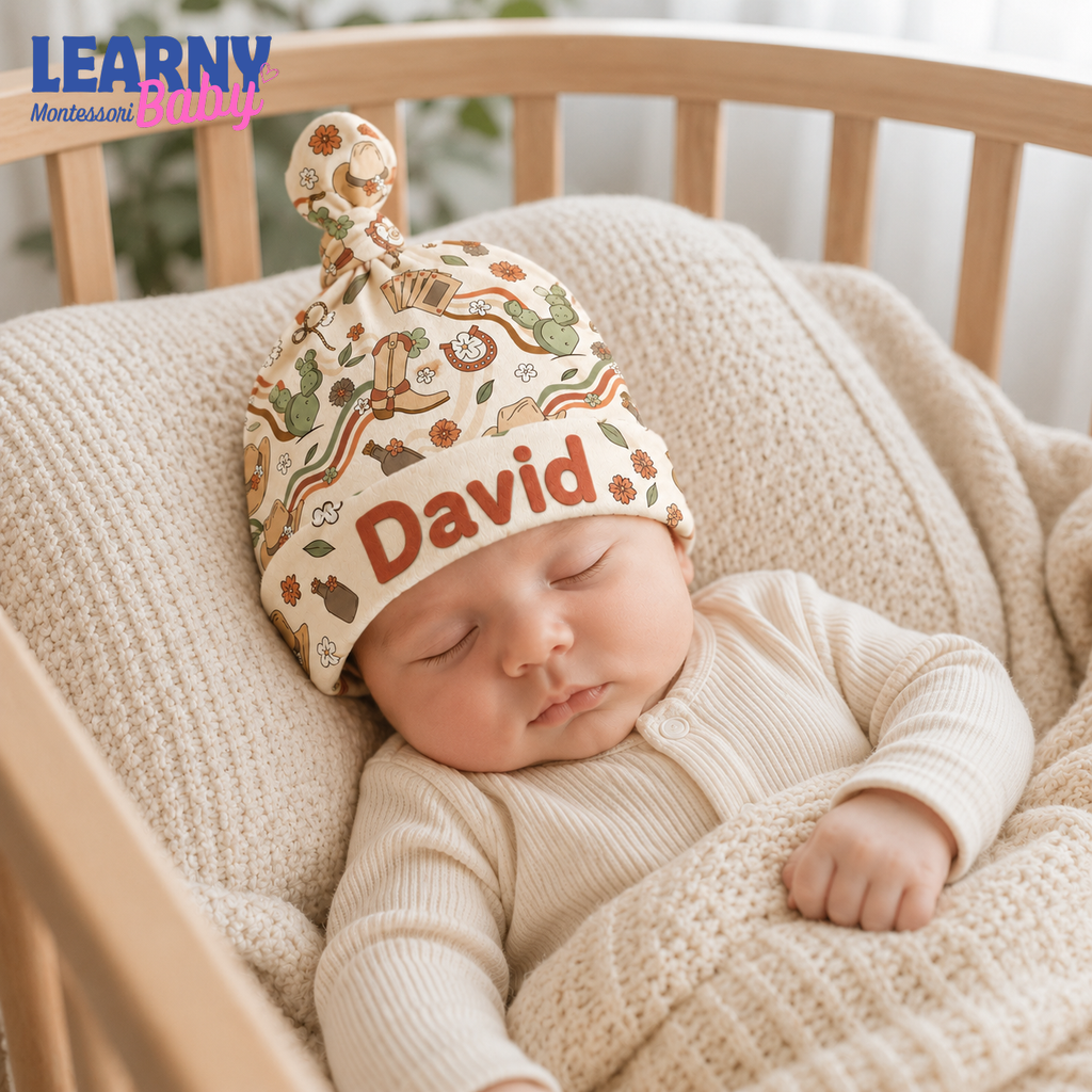 Personalized Western Bamboo Baby Knotted Hat, Custom Name Cowboy Newborn Beanie, Boho Baby Coming Home Hat
