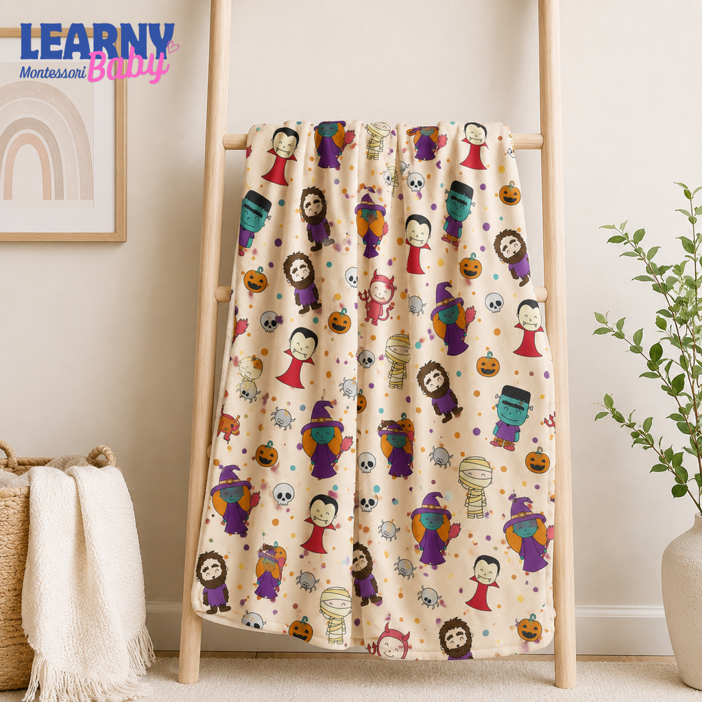Cute Halloween Monsters Bamboo Baby Blanket, Witch Vampire Mummy Print, Spooky Nursery Throw for Kids