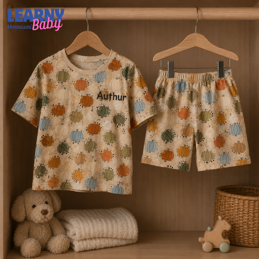 Personalized Pastel Pumpkin Bamboo Pajamas for Kids, Custom Name Autumn Harvest Short Sleeve and Long Pants Set