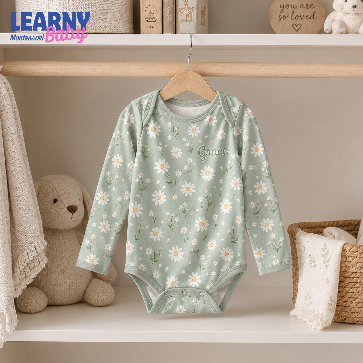 Bamboo Baby Bodysuit, Personalized Daisy Floral Baby Onesie, Soft Bamboo Viscose Infant Bodysuit