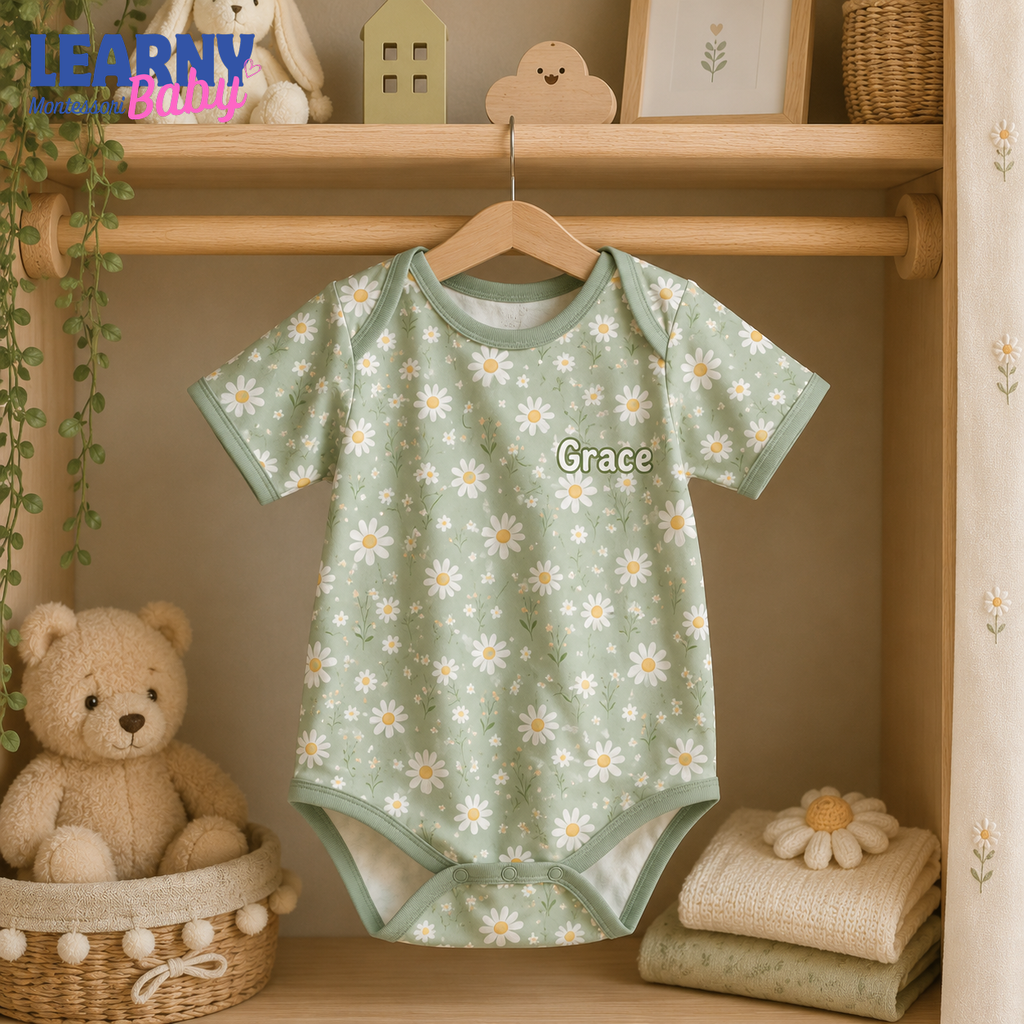 Bamboo Baby Bodysuit, Personalized Daisy Floral Baby Onesie, Soft Bamboo Viscose Infant Bodysuit