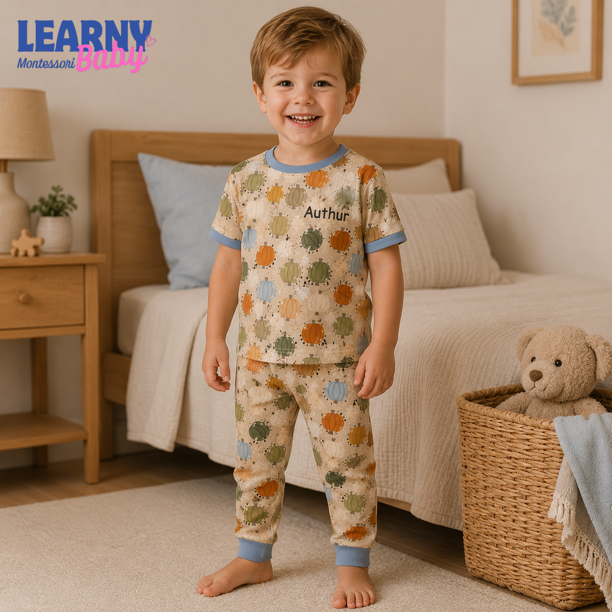 Personalized Pastel Pumpkin Bamboo Pajamas for Kids, Custom Name Autumn Harvest Short Sleeve and Long Pants Set