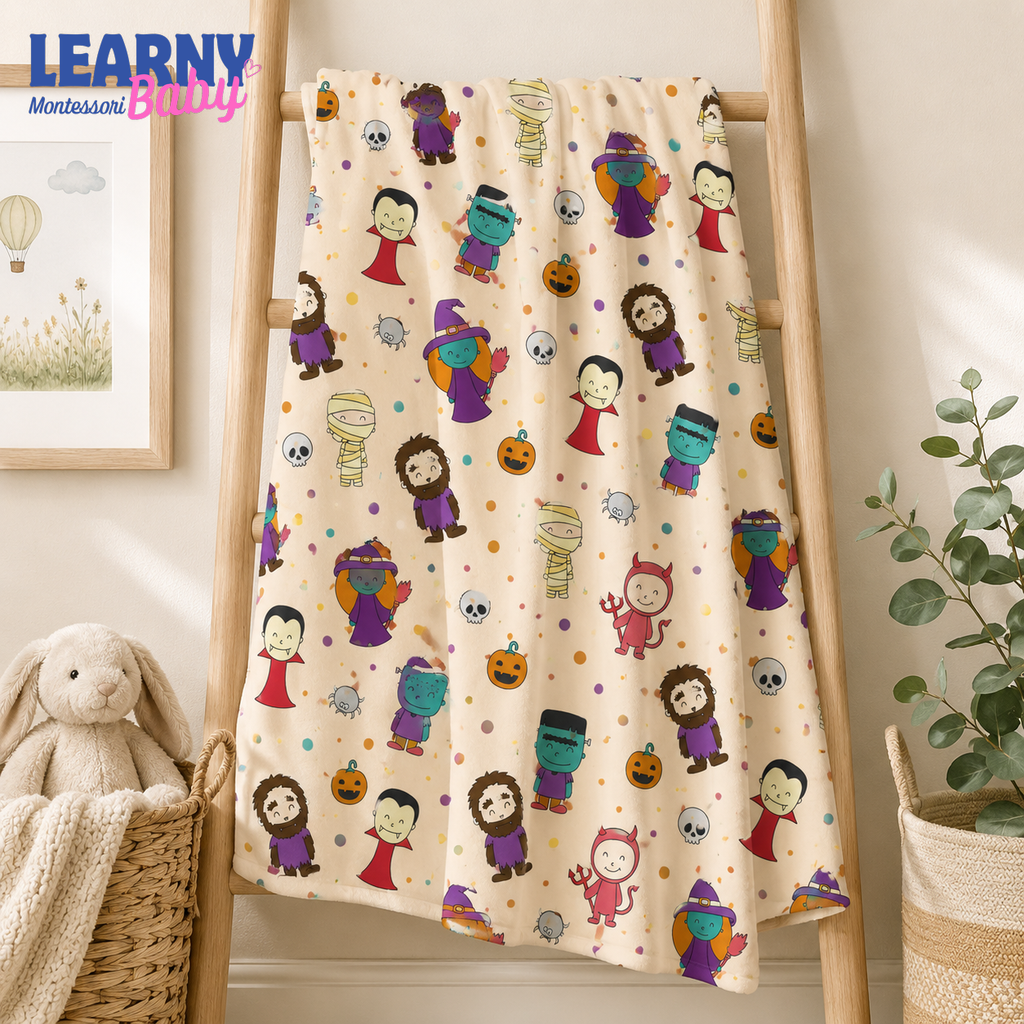 Cute Halloween Monsters Bamboo Baby Blanket, Witch Vampire Mummy Print, Spooky Nursery Throw for Kids