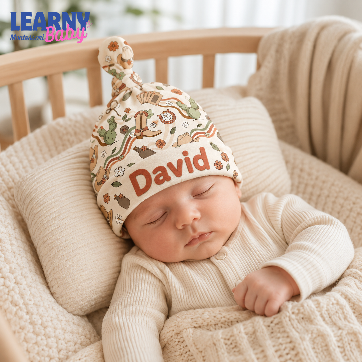 Personalized Western Bamboo Baby Knotted Hat, Custom Name Cowboy Newborn Beanie, Boho Baby Coming Home Hat