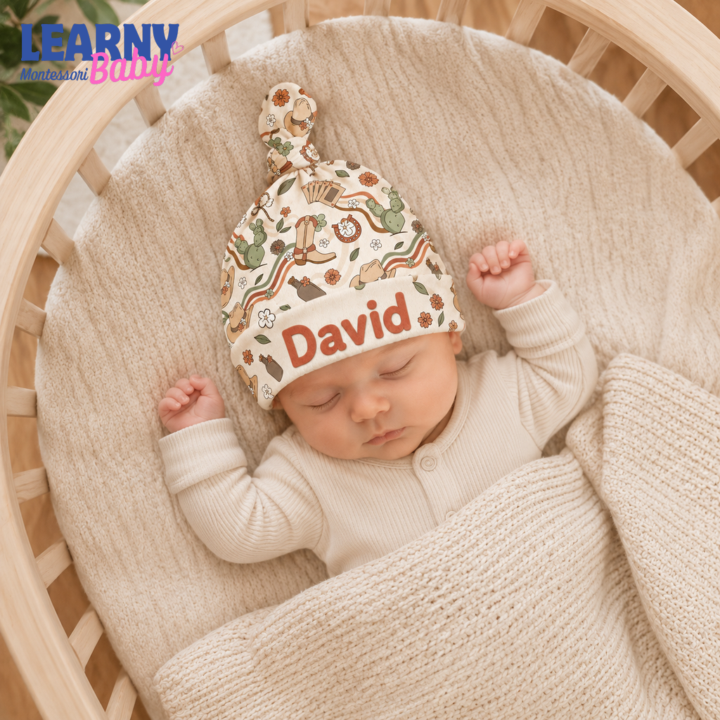 Personalized Western Bamboo Baby Knotted Hat, Custom Name Cowboy Newborn Beanie, Boho Baby Coming Home Hat