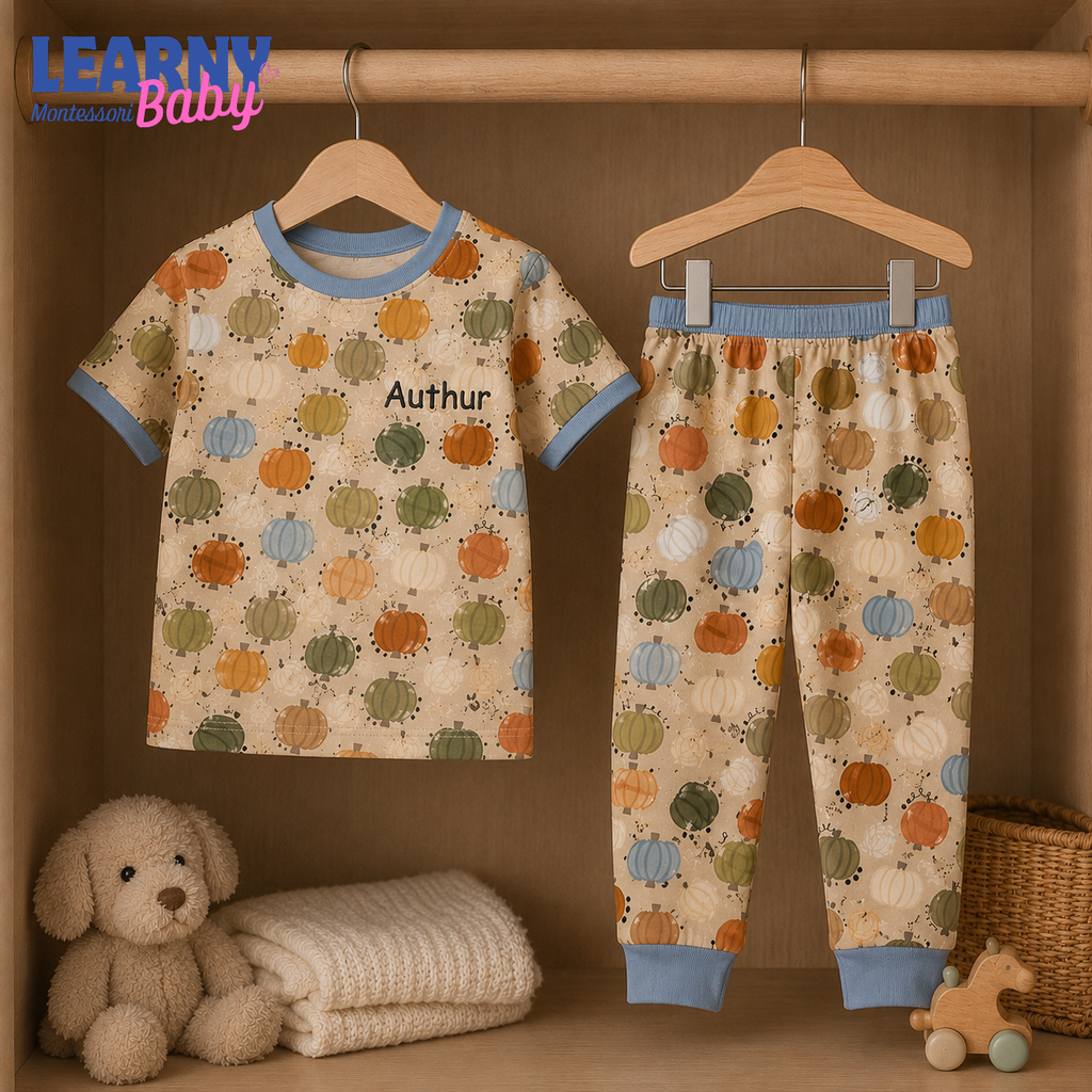 Personalized Pastel Pumpkin Bamboo Pajamas for Kids, Custom Name Autumn Harvest Short Sleeve and Long Pants Set