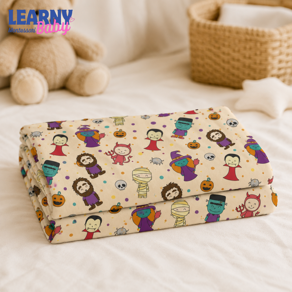 Cute Halloween Monsters Bamboo Baby Blanket, Witch Vampire Mummy Print, Spooky Nursery Throw for Kids
