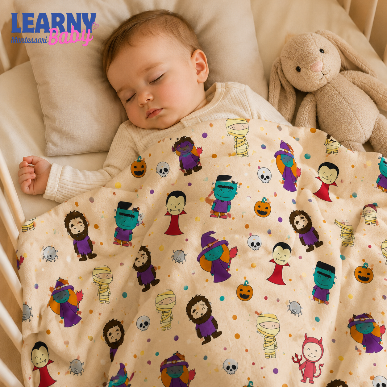 Cute Halloween Monsters Bamboo Baby Blanket, Witch Vampire Mummy Print, Spooky Nursery Throw for Kids